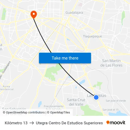 Kilómetro 13 to Utegra Centro De Estudios Superiores map