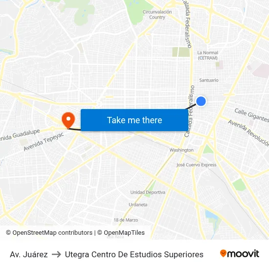 Av. Juárez to Utegra Centro De Estudios Superiores map