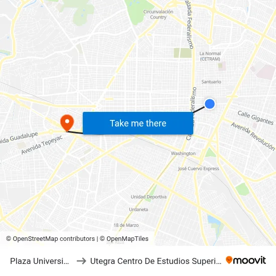 Plaza Universidad to Utegra Centro De Estudios Superiores map