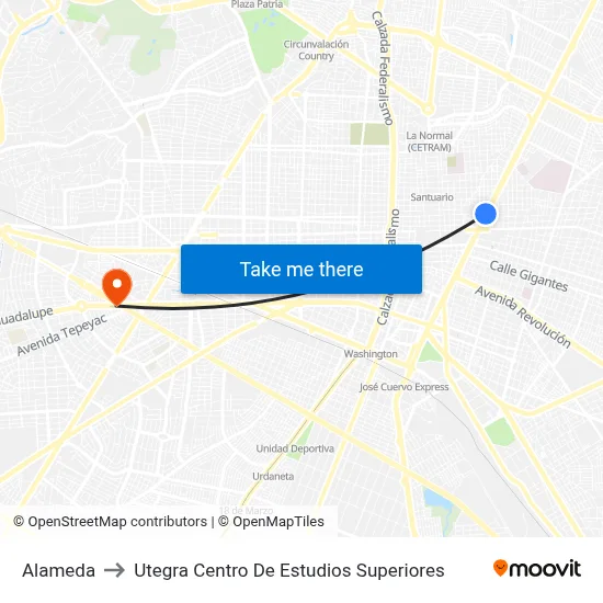Alameda to Utegra Centro De Estudios Superiores map