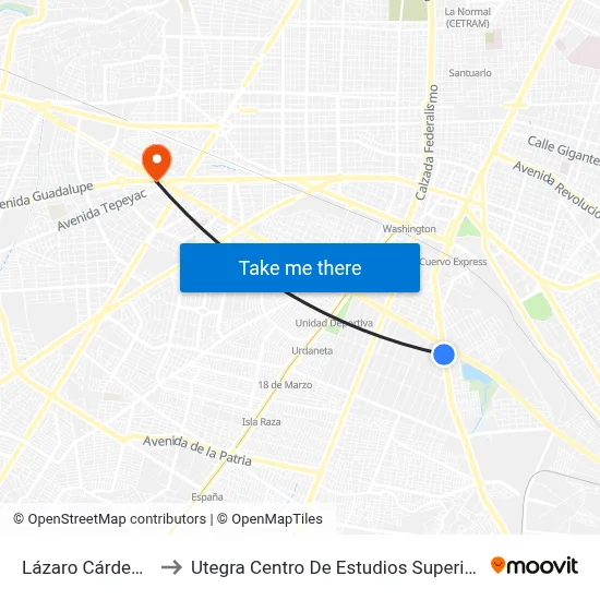 Lázaro Cárdenas to Utegra Centro De Estudios Superiores map