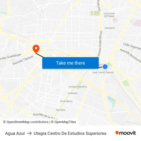 Agua Azul to Utegra Centro De Estudios Superiores map