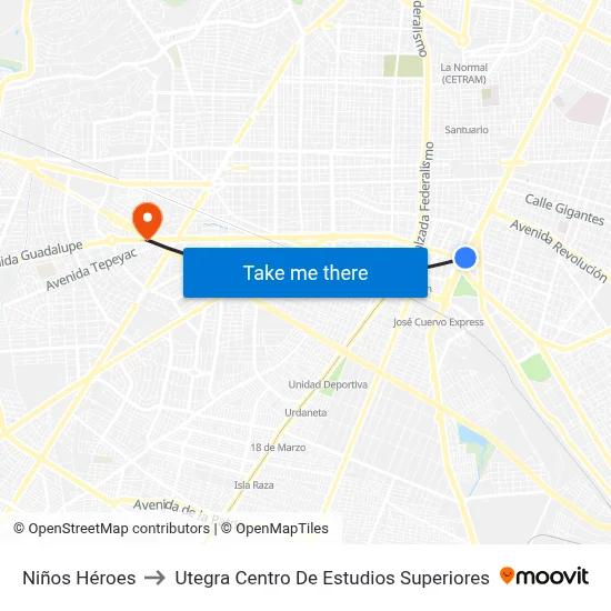 Niños Héroes to Utegra Centro De Estudios Superiores map