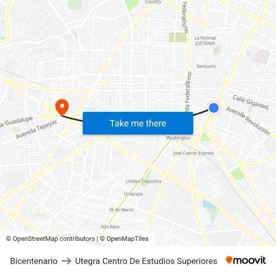 Bicentenario to Utegra Centro De Estudios Superiores map