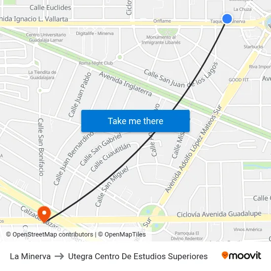 La Minerva to Utegra Centro De Estudios Superiores map