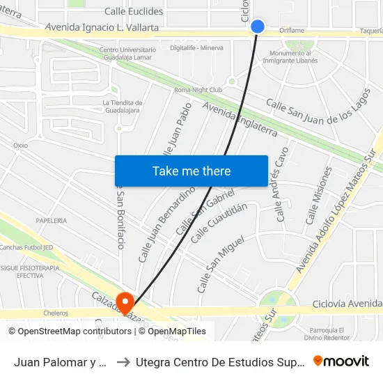 Juan Palomar y Arias to Utegra Centro De Estudios Superiores map