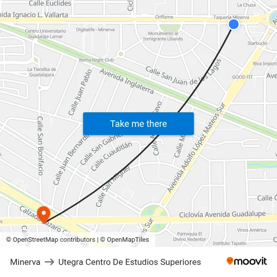 Minerva to Utegra Centro De Estudios Superiores map