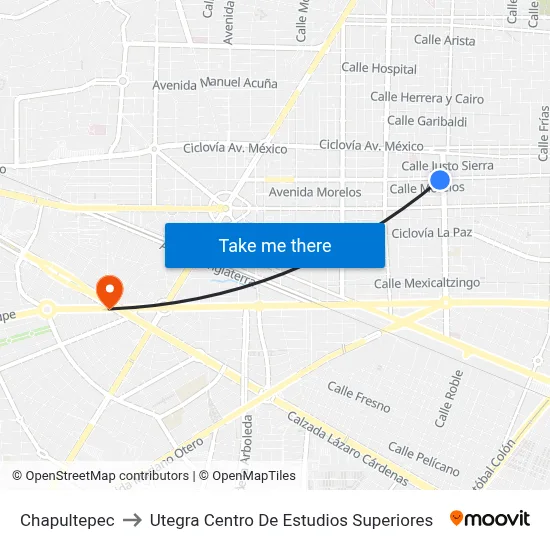 Chapultepec to Utegra Centro De Estudios Superiores map
