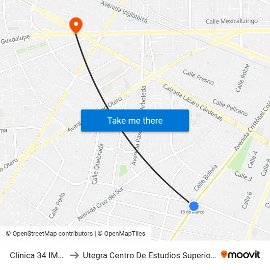 Clínica 34 IMSS to Utegra Centro De Estudios Superiores map