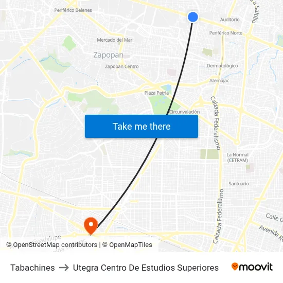 Tabachines to Utegra Centro De Estudios Superiores map