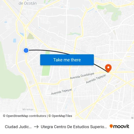 Ciudad Judicial to Utegra Centro De Estudios Superiores map