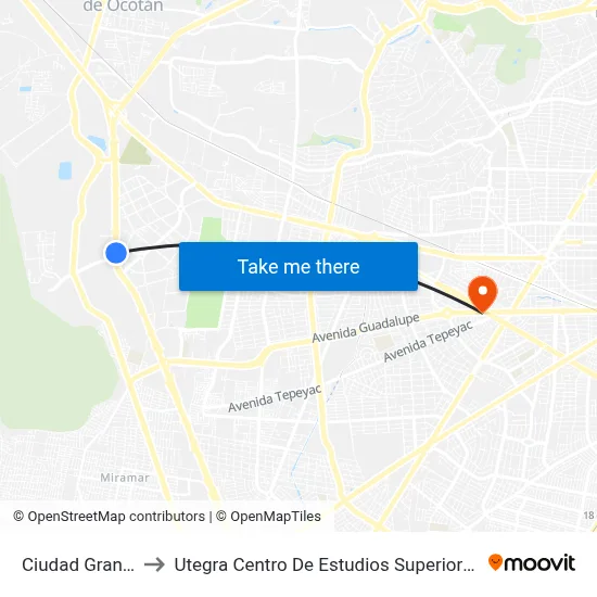 Ciudad Granja to Utegra Centro De Estudios Superiores map