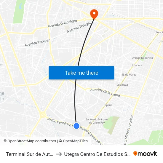 Terminal Sur de Autobuses to Utegra Centro De Estudios Superiores map