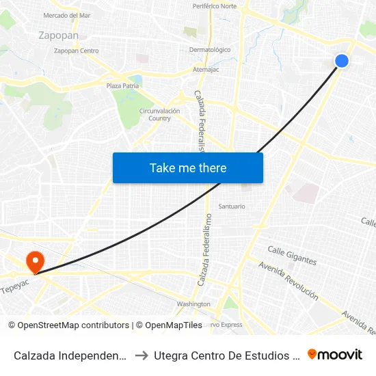 Calzada Independencia Norte to Utegra Centro De Estudios Superiores map