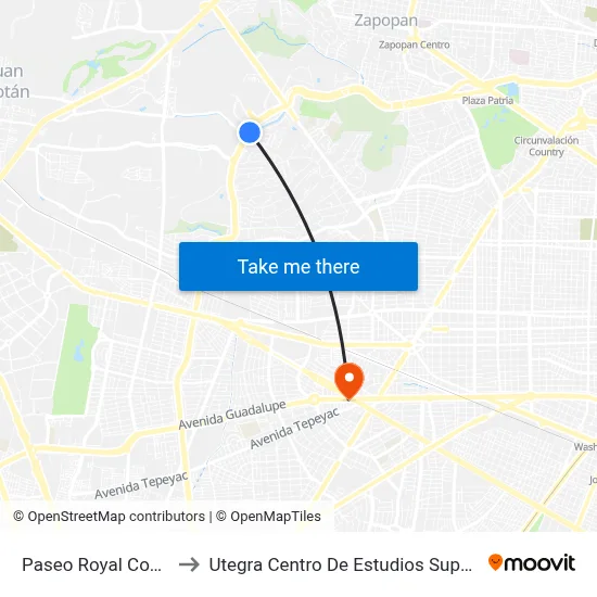 Paseo Royal Country to Utegra Centro De Estudios Superiores map