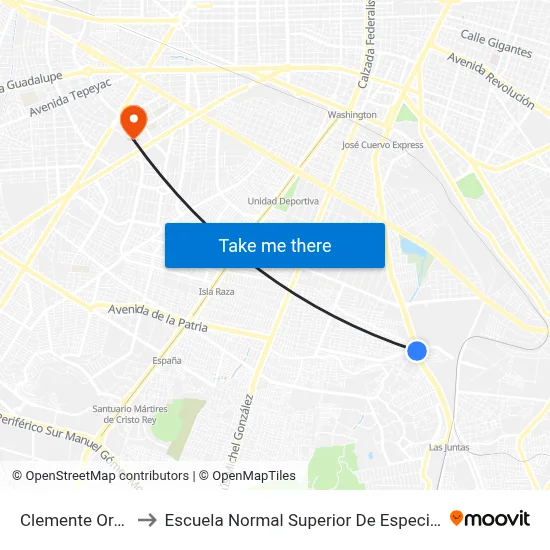 Clemente Orozco to Escuela Normal Superior De Especialidades map