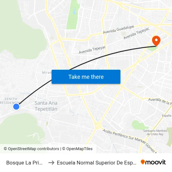Bosque La Primavera to Escuela Normal Superior De Especialidades map