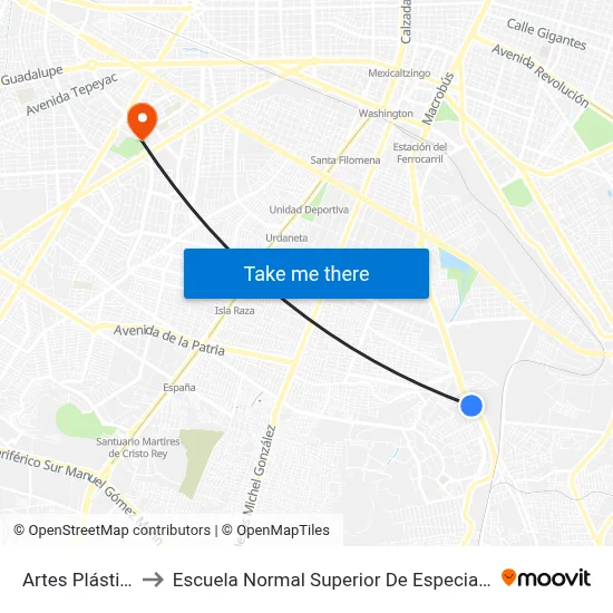 Artes Plásticas to Escuela Normal Superior De Especialidades map