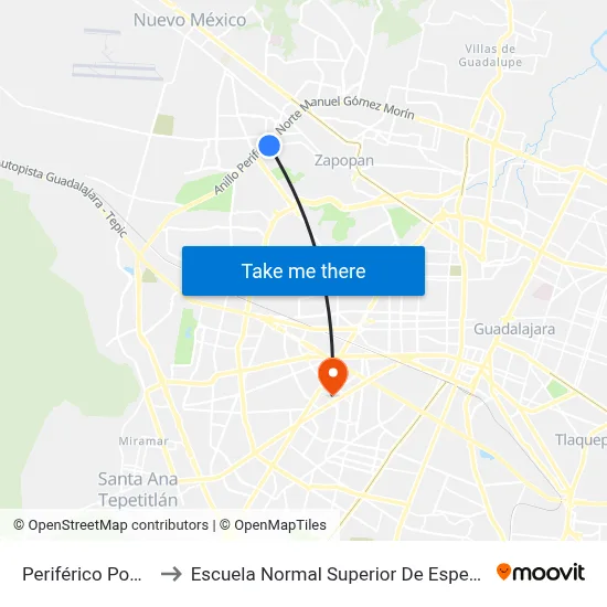 Periférico Poniente to Escuela Normal Superior De Especialidades map