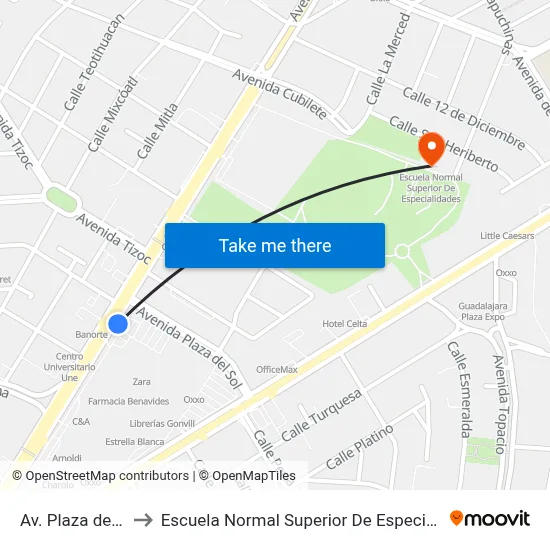 Av. Plaza del Sol to Escuela Normal Superior De Especialidades map