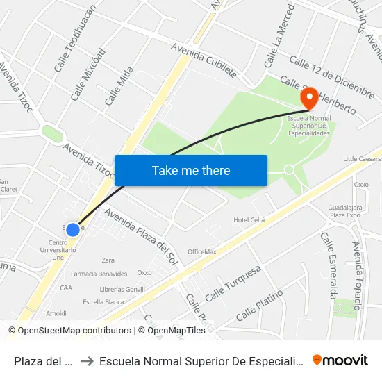 Plaza del Sol to Escuela Normal Superior De Especialidades map