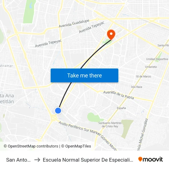San Antonio to Escuela Normal Superior De Especialidades map