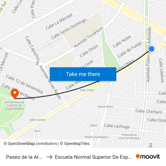 Paseo de la Arboleda to Escuela Normal Superior De Especialidades map