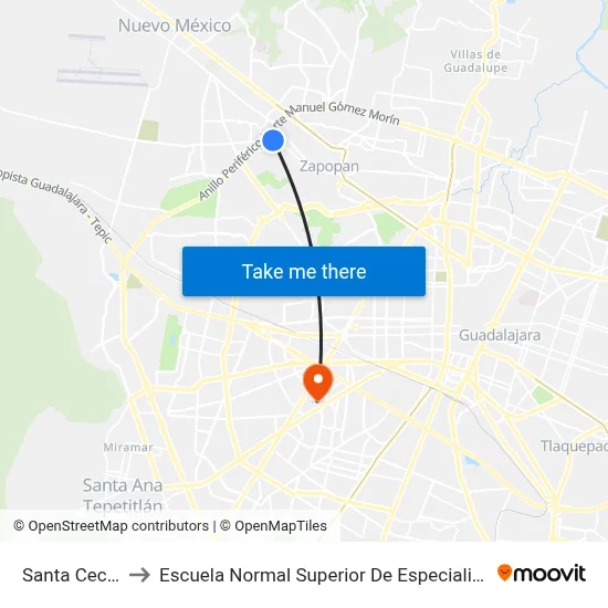 Santa Cecilia to Escuela Normal Superior De Especialidades map