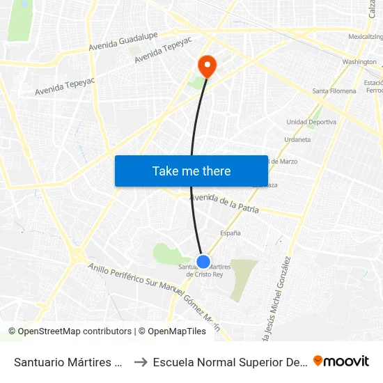 Santuario Mártires de Cristo Rey to Escuela Normal Superior De Especialidades map
