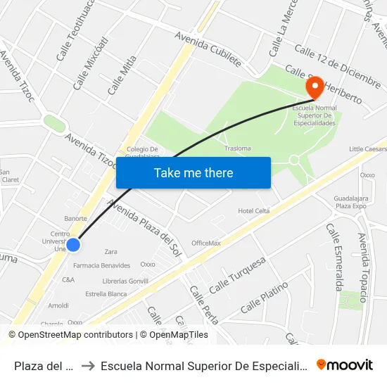Plaza del Sol to Escuela Normal Superior De Especialidades map