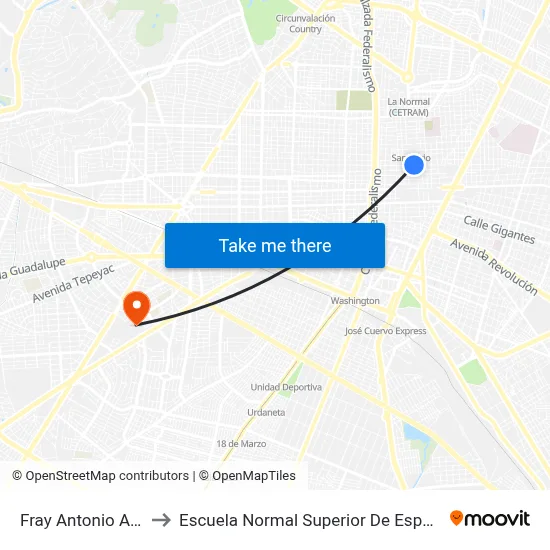 Fray Antonio Alcalde to Escuela Normal Superior De Especialidades map