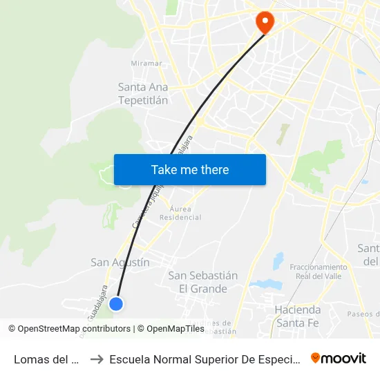 Lomas del Valle to Escuela Normal Superior De Especialidades map