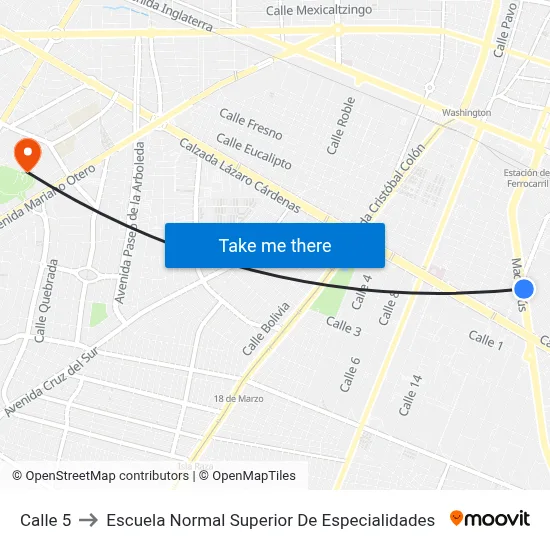 Calle 5 to Escuela Normal Superior De Especialidades map