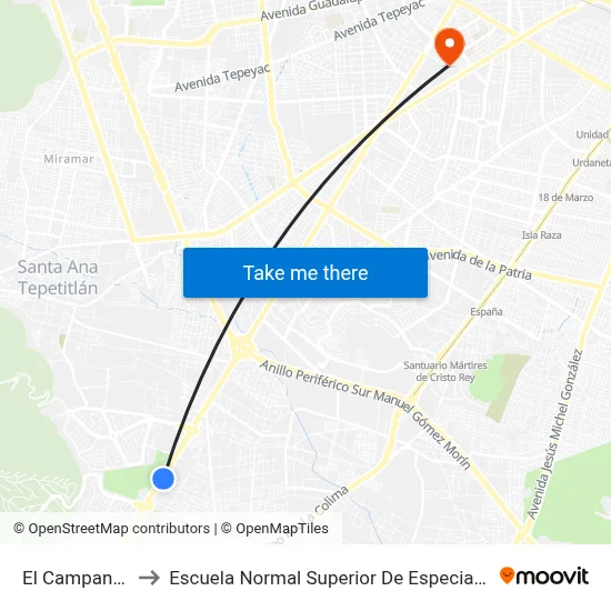 El Campanario to Escuela Normal Superior De Especialidades map