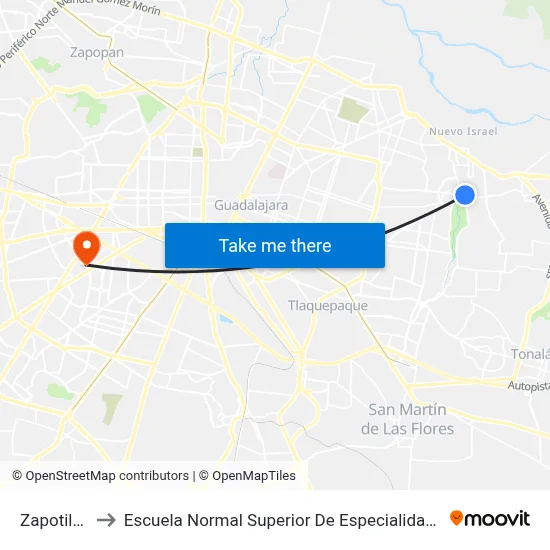 Zapotiltic to Escuela Normal Superior De Especialidades map