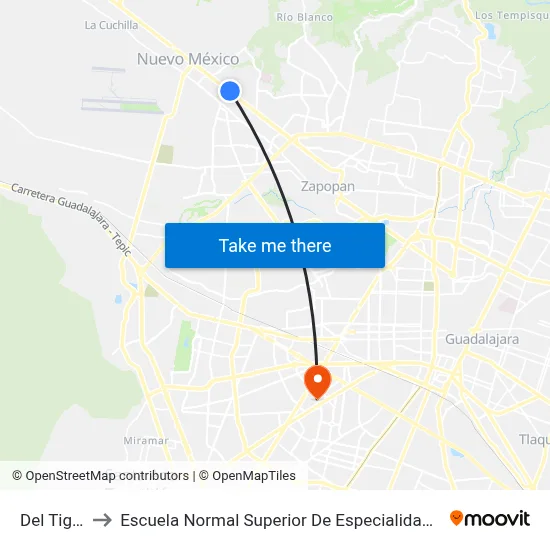 Del Tigre to Escuela Normal Superior De Especialidades map