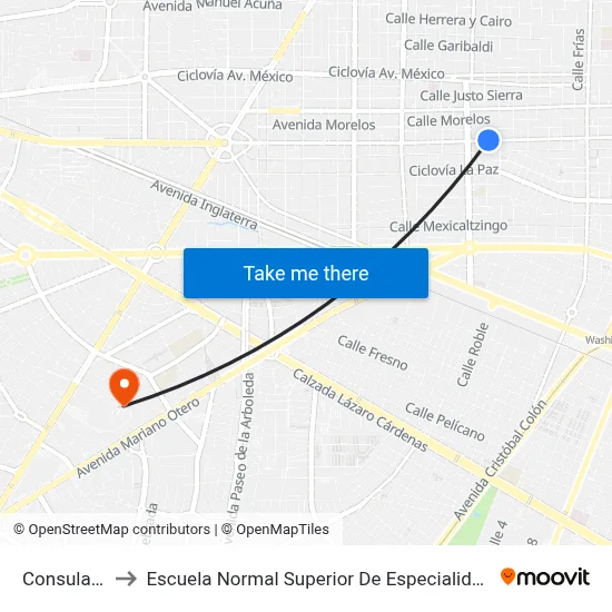 Consulado to Escuela Normal Superior De Especialidades map