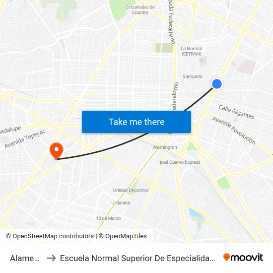 Alameda to Escuela Normal Superior De Especialidades map