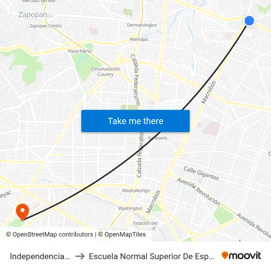 Independencia Norte to Escuela Normal Superior De Especialidades map