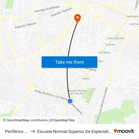 Periférico Sur to Escuela Normal Superior De Especialidades map