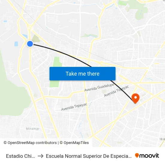 Estadio Chivas to Escuela Normal Superior De Especialidades map