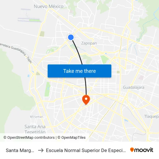 Santa Margarita to Escuela Normal Superior De Especialidades map