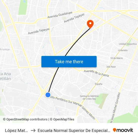 López Mateos to Escuela Normal Superior De Especialidades map