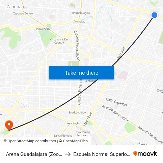 Arena Guadalajara (Zoológico Guadalajara) to Escuela Normal Superior De Especialidades map