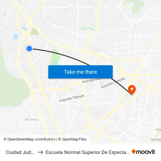 Ciudad Judicial to Escuela Normal Superior De Especialidades map