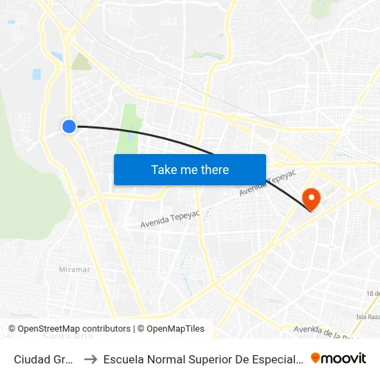 Ciudad Granja to Escuela Normal Superior De Especialidades map
