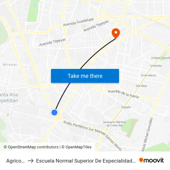 Agrícola to Escuela Normal Superior De Especialidades map