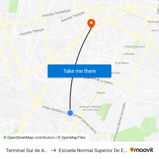 Terminal Sur de Autobuses to Escuela Normal Superior De Especialidades map
