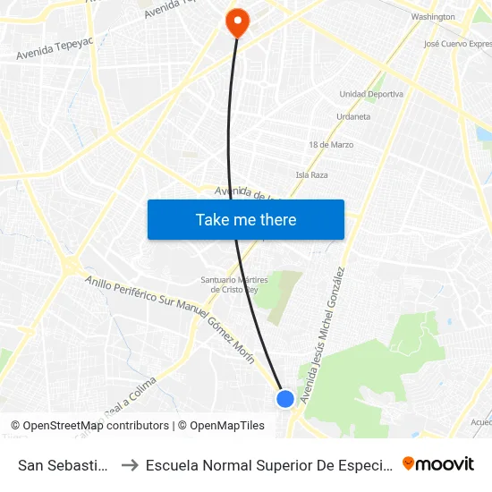 San Sebastianito to Escuela Normal Superior De Especialidades map