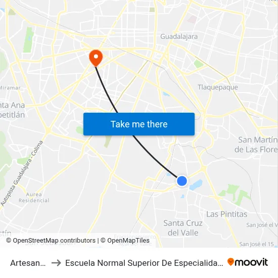 Artesanos to Escuela Normal Superior De Especialidades map